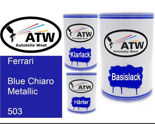 Ferrari, Blue Chiaro Metallic, 503: 500ml Lackdose + 500ml Klarlack + 250ml Härter - Set, von ATW Autoteile West.